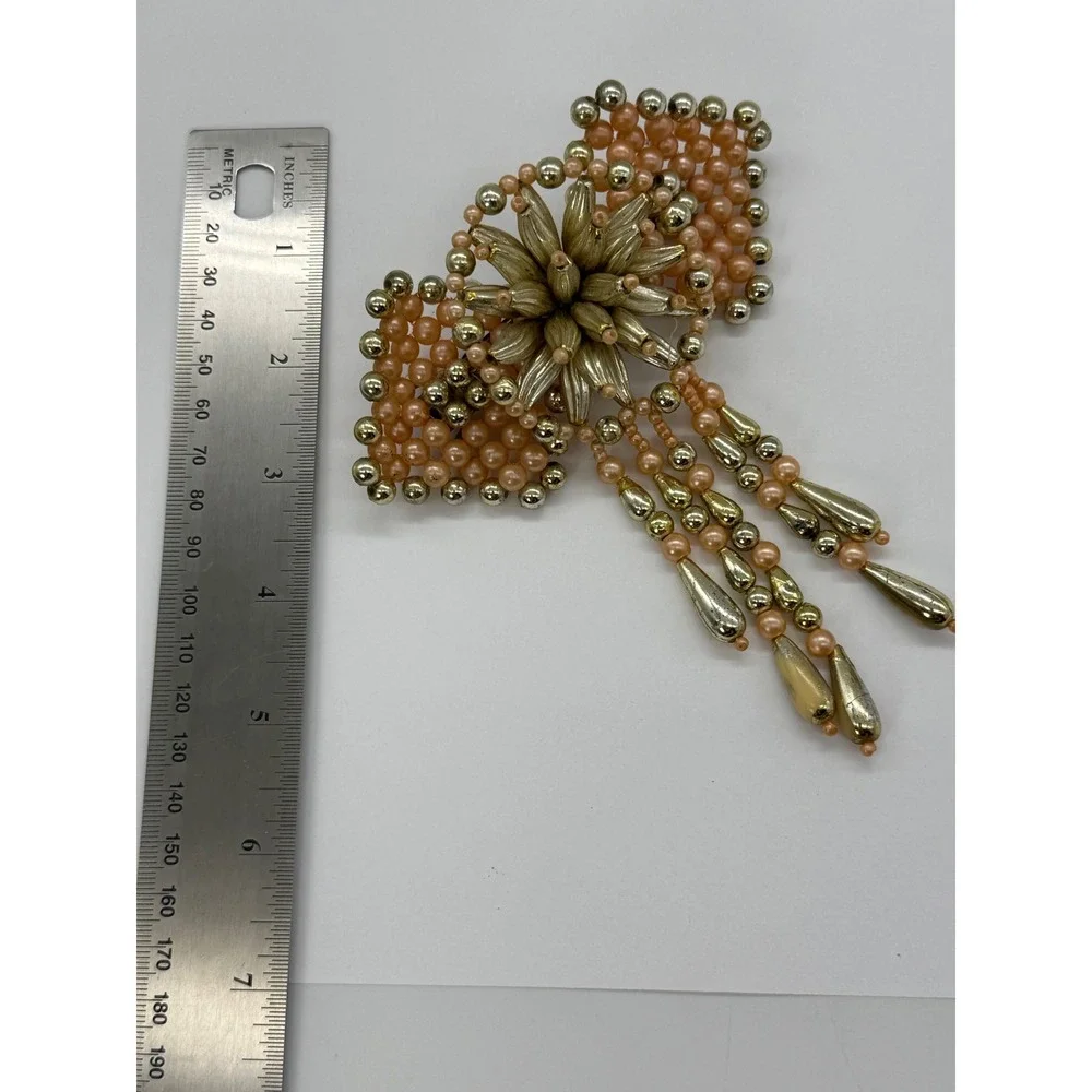 Vintage Faux Pearl Beaded Big Bow Dangle Hair Barrette French Clip Peach Gold